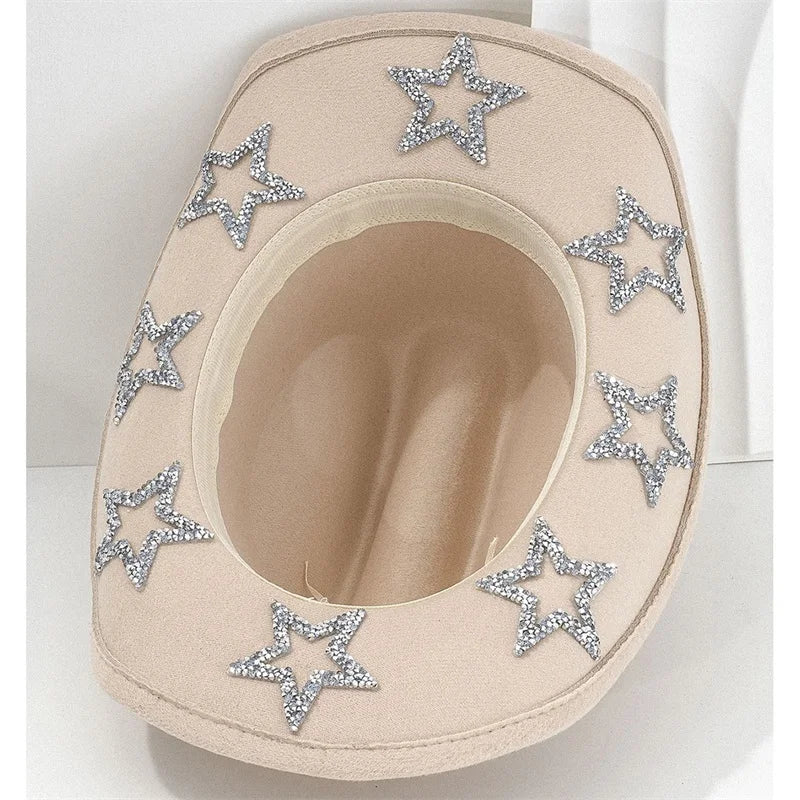 Wide Brim Rhinestone Star Western Fedora Cowgirl Hat