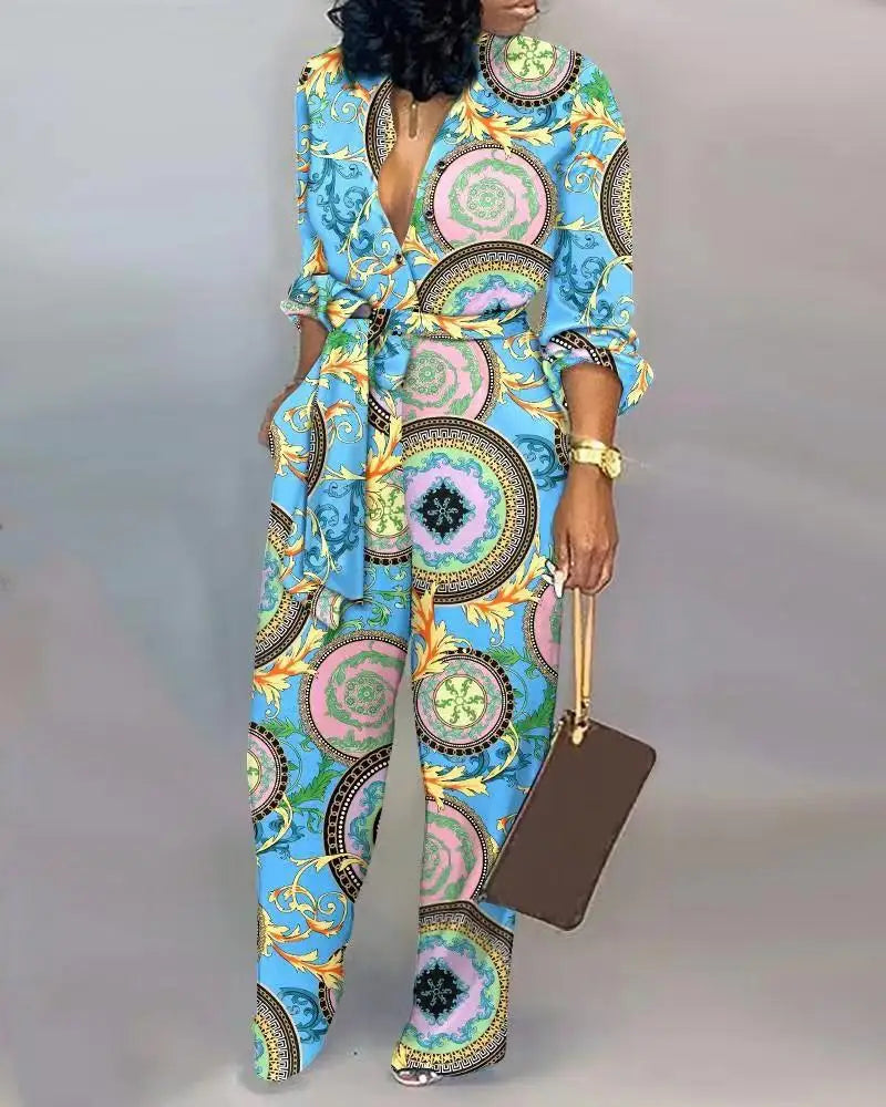 Baroque Paisley/Geometric/ Faux Denim Colorblock Print Deep V-Neck Long Sleeve  Women's Jumpsuits w/ Sash Belt