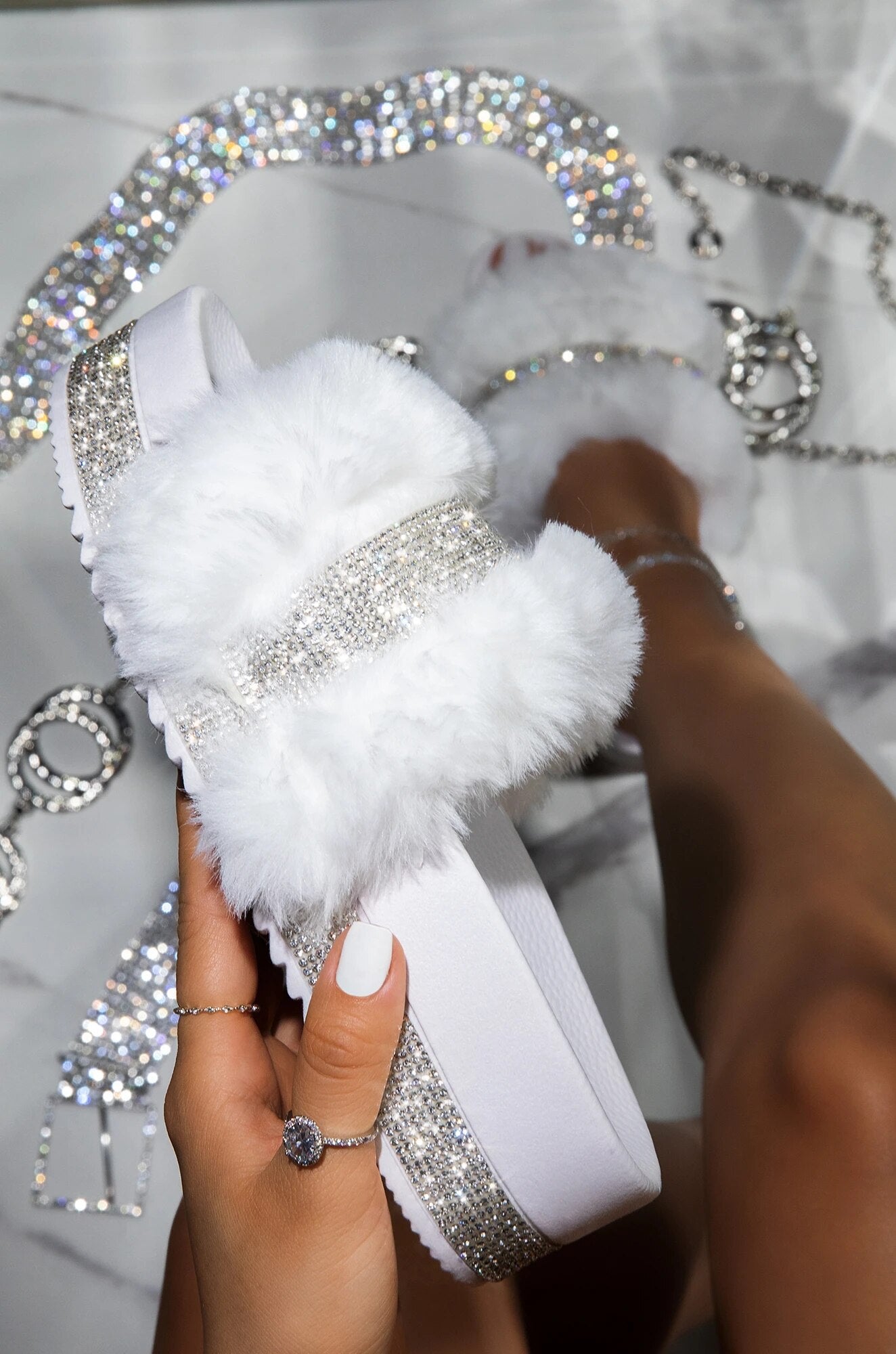 Furry Rhinestone Platform Slipper Slides