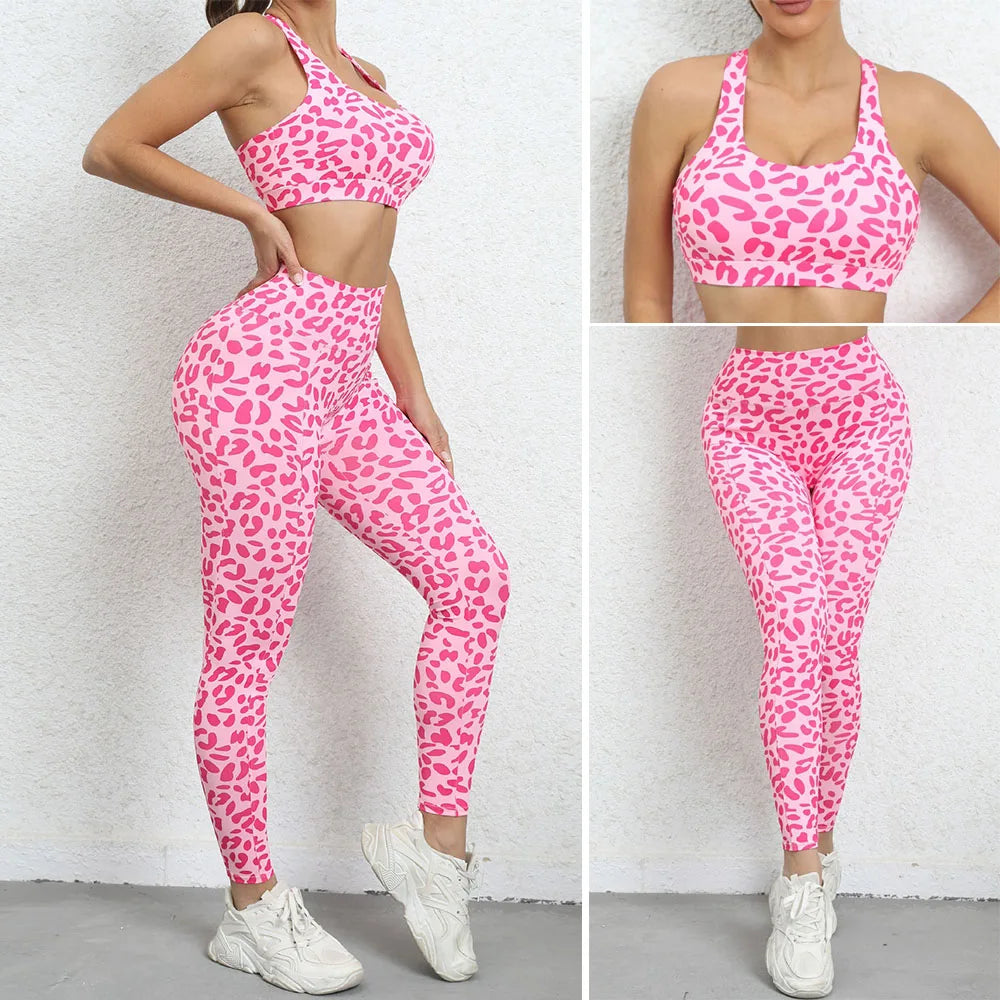 Leopard Fitness Yoga Sports Bra + Matching Leggings Gym/Workout Athleseuire 2-Piece Set