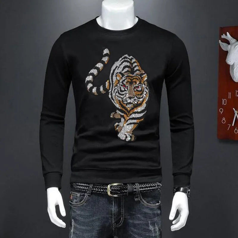 Men's Glitter Rhinestone Tiger/Crown O-Neck Long Sleeve Pullover Sweatshirt