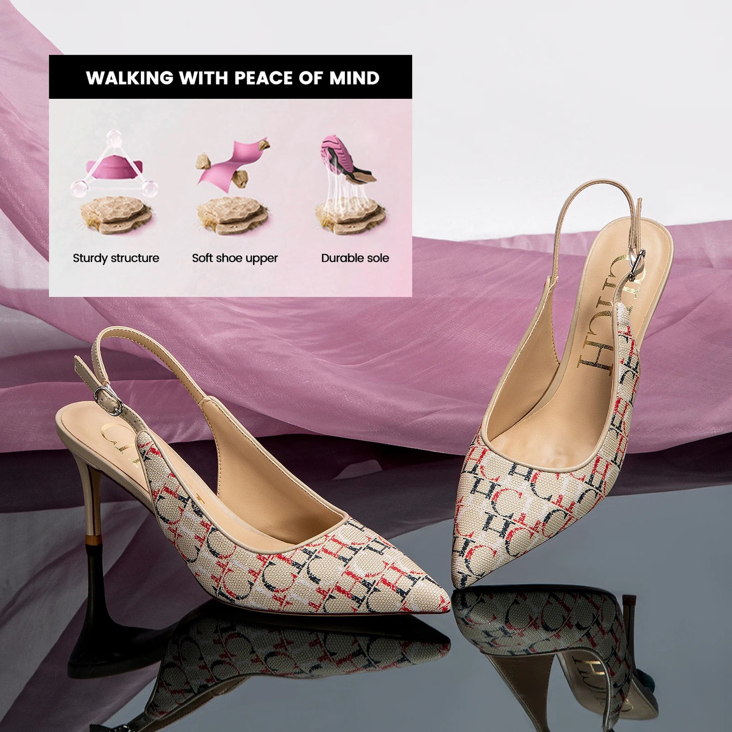Monogram Letter Print Women's Slingback Buckle Strap Pumps
