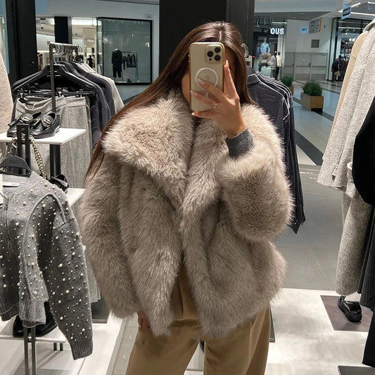 Gradient/Solid Faux Fur Big Collar Women's Jacket