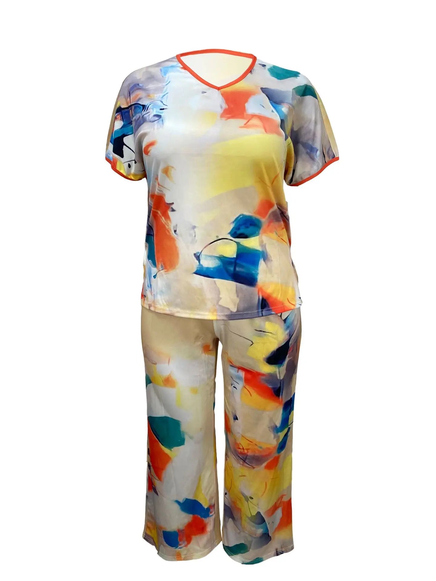 Geometric Satin Multi-Colored Short Sleeve Blouse + Loose Pants 2-Piece Set to 5X Plus Size