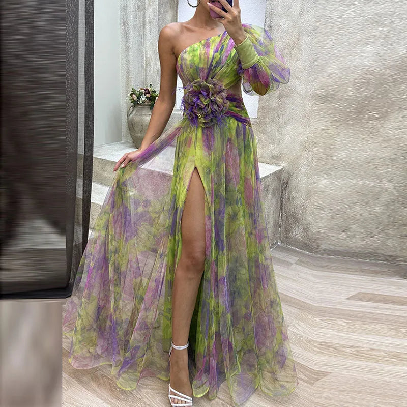 Mesh Diagonal Collar Flower Print One Shoulder Sleeve High Slit Dress