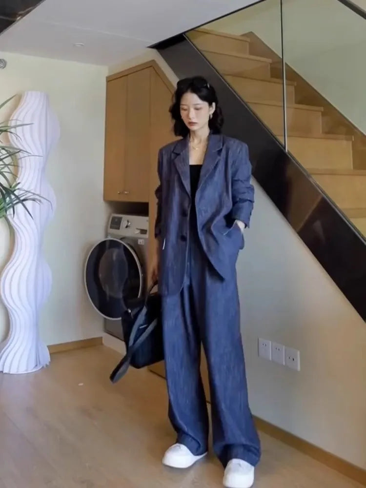 Dark Blue Demin Like Women's Blazer + Loose Pants Suit