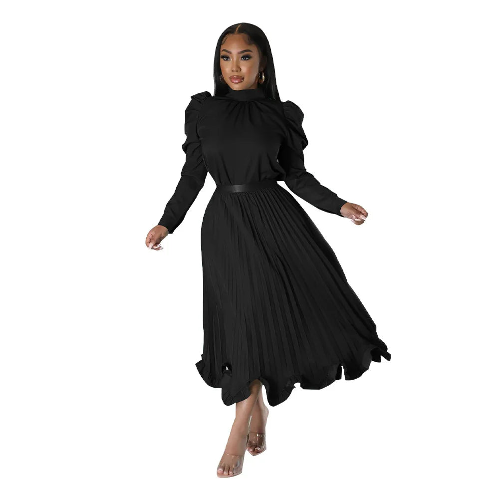 Women’s Solid Color O-Neck Lantern Sleeve Blouse + A-Line Flounce Formal Pleated Maxi Skirt w/ Sash Belt 2-Piece Set