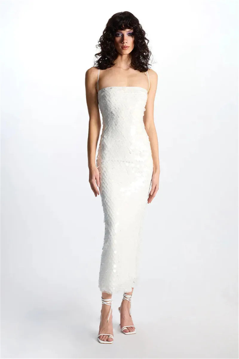 Sparkling Sequin Sleeveless Solid Backless Spaghetti Strap Formal Maxi Party Dress