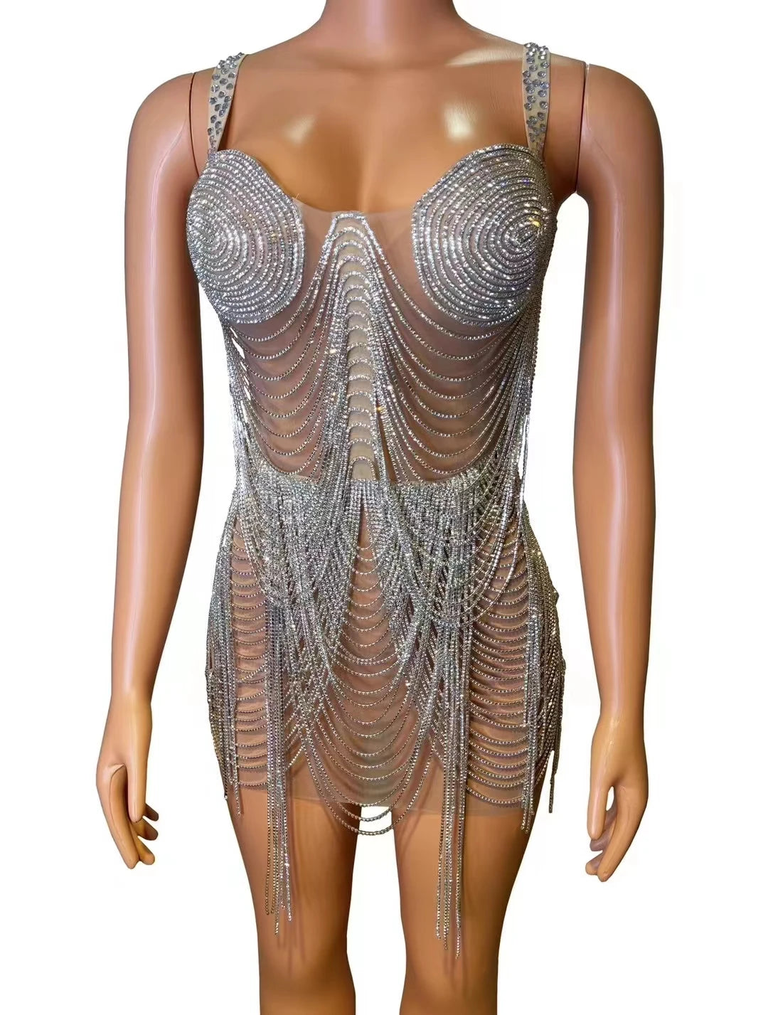 Rhinestone Crystal Metallic Tassel Fringe Transparent Stage Performance Bodysuit