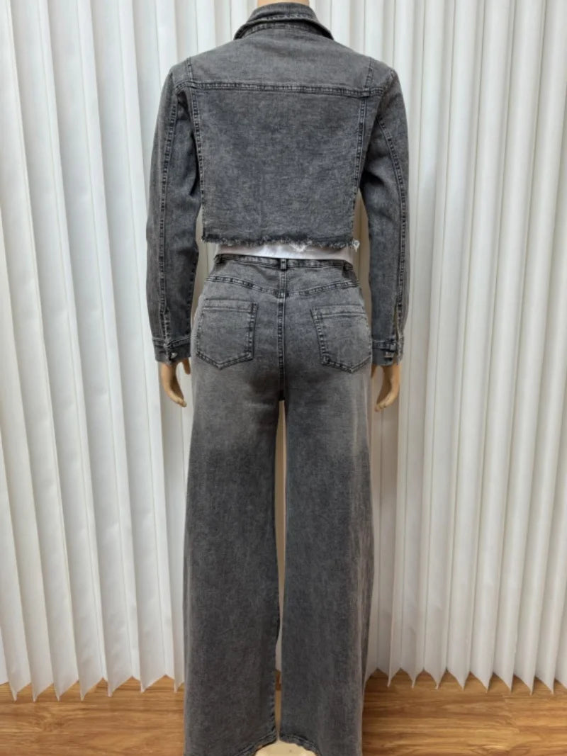 Washed Denim Long Sleeve Cropped Jean Jacket + Straight Jeans  Set