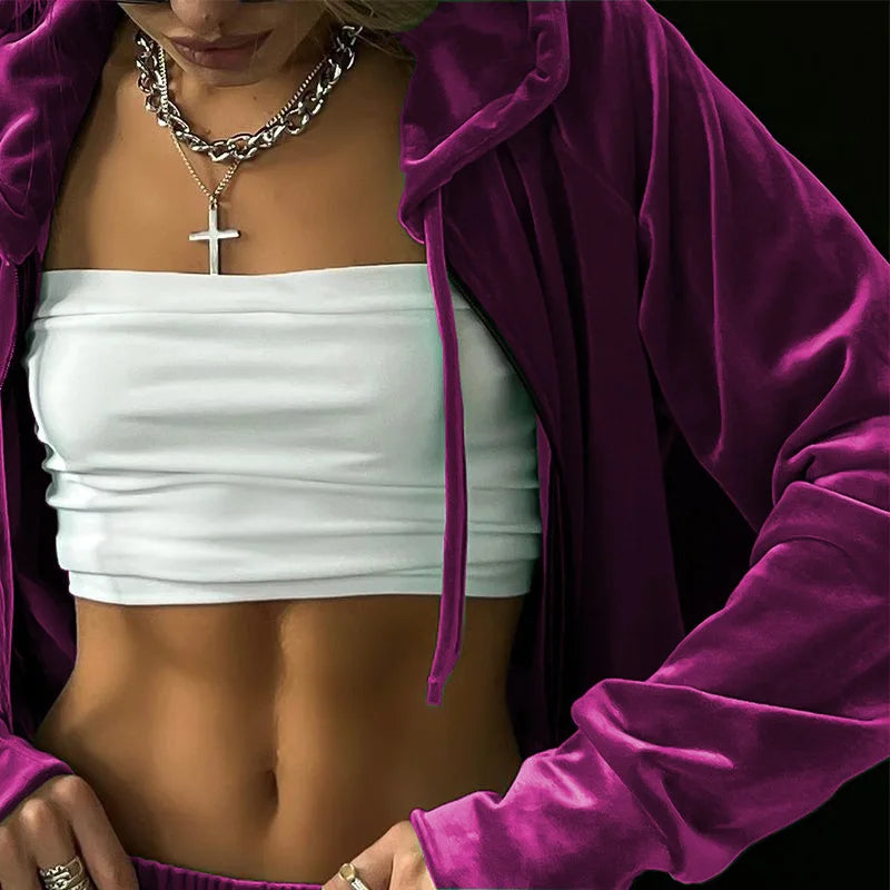 Velvet Zipper Hoodie Long Sleeve Jacket + High Waist Wide Leg Sweatpants Tracksuit