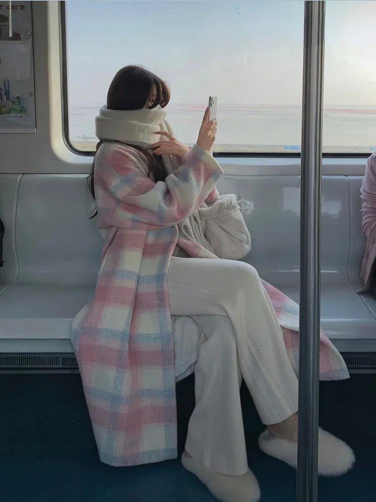 Rainbow Pastel Plaid Colorblock Print Women's Wool Loose Trenchcoat