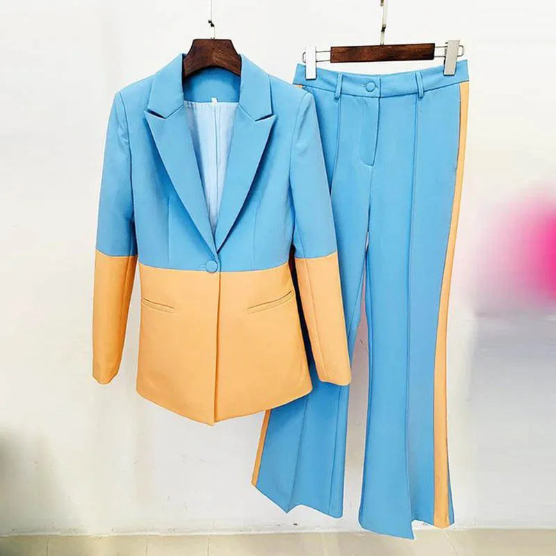Colorblock Single Breasted Women's Blazer Jacket + Flared Leg Pants Suit