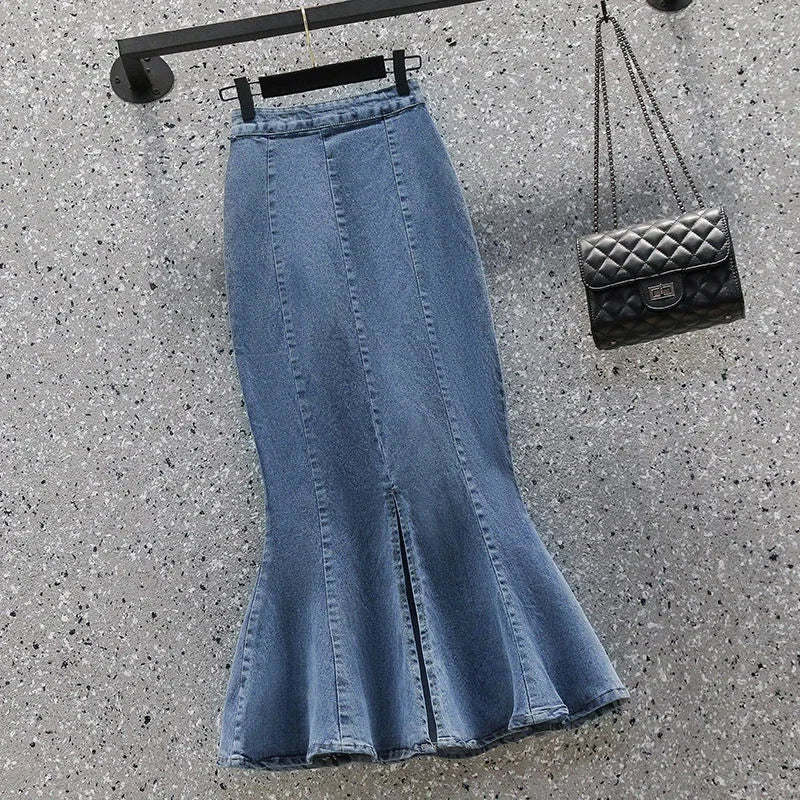 Blue/Black Denim High Slit Hip-Wrap Flared Jean Mermaid Trumpet Skirt