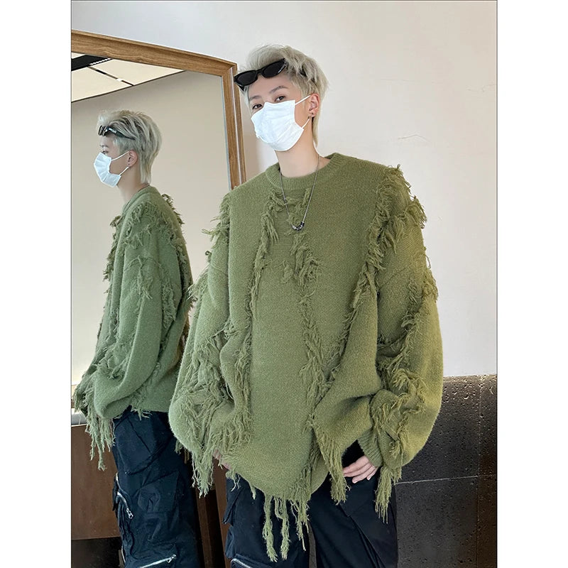 Men's Ripped Oversized Tassels Fringe Women's Streetwear Pullover Knitted O-Neck Sweaters