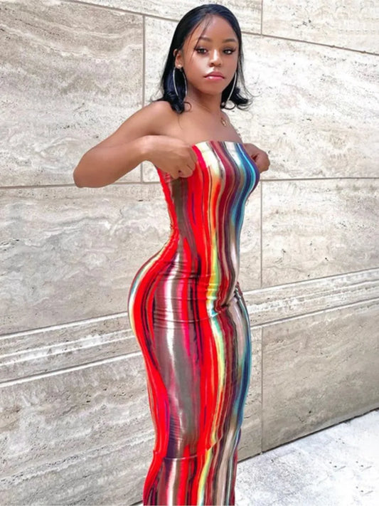 Sleeveless Tube Top Design/Long Sleeve Striped Colorblock Printed Bandage Skinny Maxi Dress