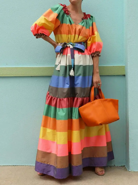 Rainbow Striped Short Puff Sleeve V-Neck Oversized Maxi Dress w/ Belt