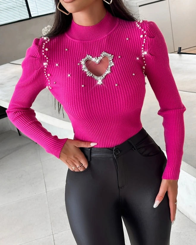 Rhinestone Cut-Out Heart Knitted Long Sleeve Pullover Skinny Women's Sweater