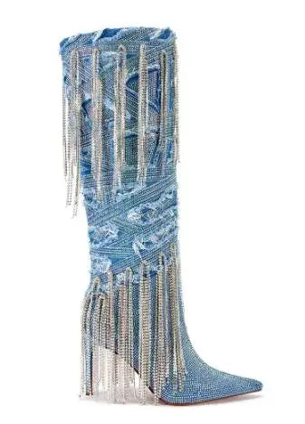 Faded Blue Jean Denim  Rhinestone Tassel Hot Drill Pointed Toe Slip-On Knee High Boots