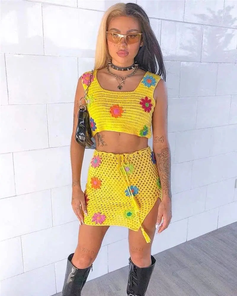 Crochet Big Flower Pattern Knitted Women's Sweater Tank Top + Drawstring Mini Skirt 2-Piece Set