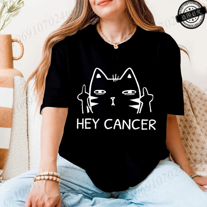 "Hey Cancer" 3D Cat Print Breast Cancer Awareness T-Shirt to 3X Plus Size