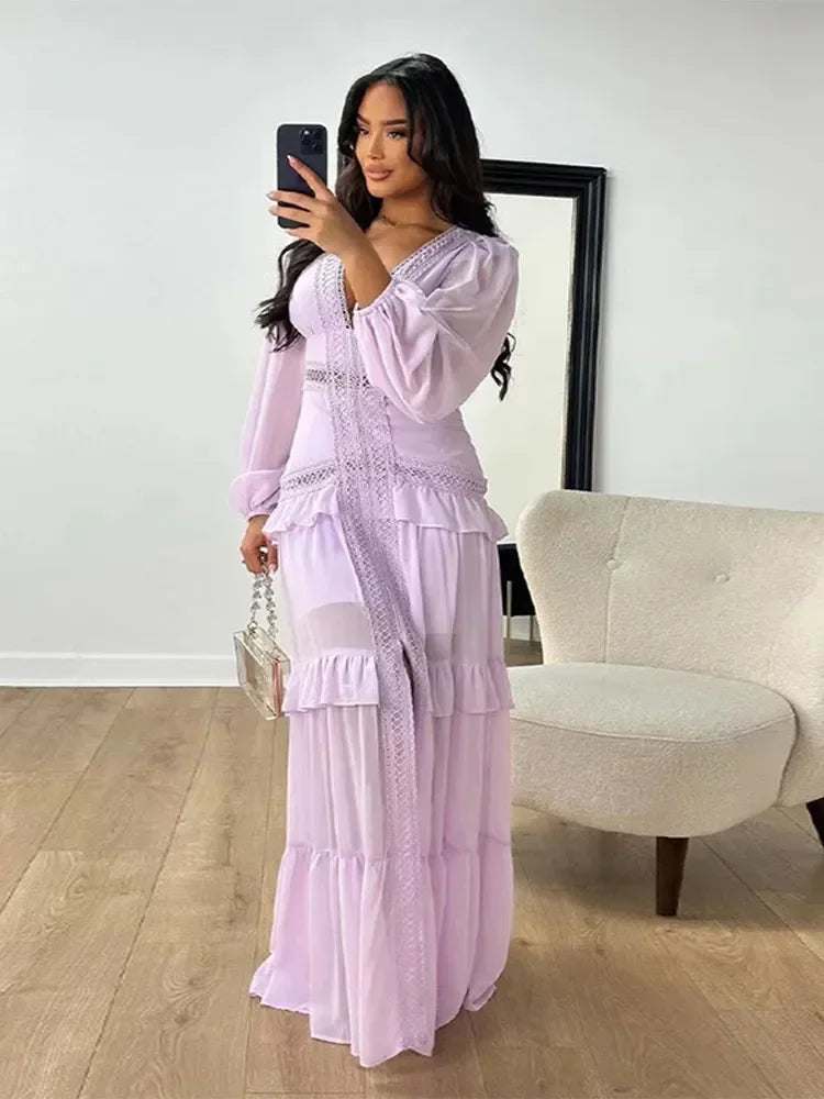 Layered Bohemian Tiered Ruffled Patchwork Design V-Neck Long Puff Sleeve High Slit Maxi Dress