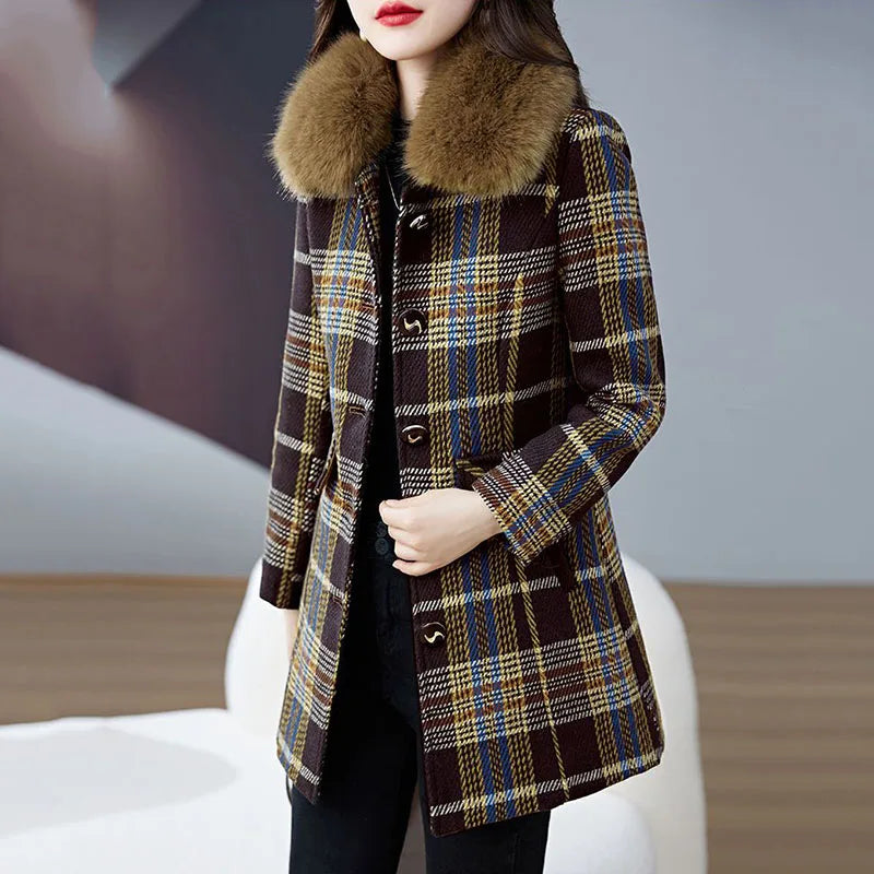 Plaid Wool Women's Temperament Fur Detachable Turn-Down Collar Button-Up Pea Coat to 5X Plus Size