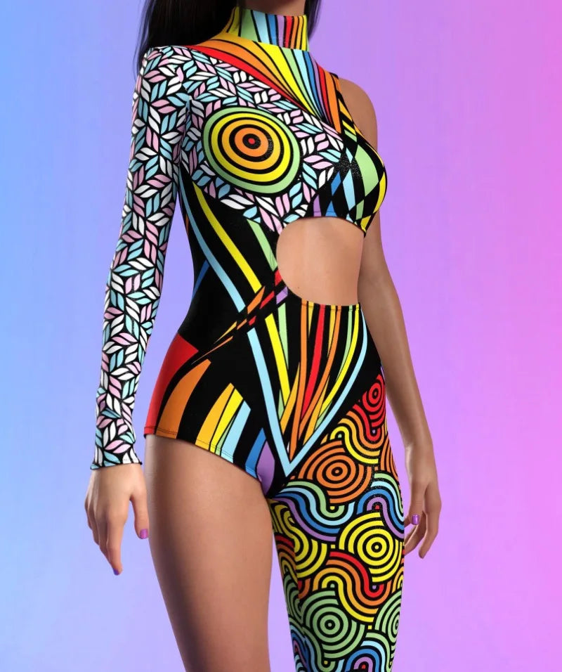 Irregular Asymmetrical One Sleeve Rainbow Geometric Striped Floral Hollow-Out 3D Print One Leg Jumpsuit to 3X Plus Size