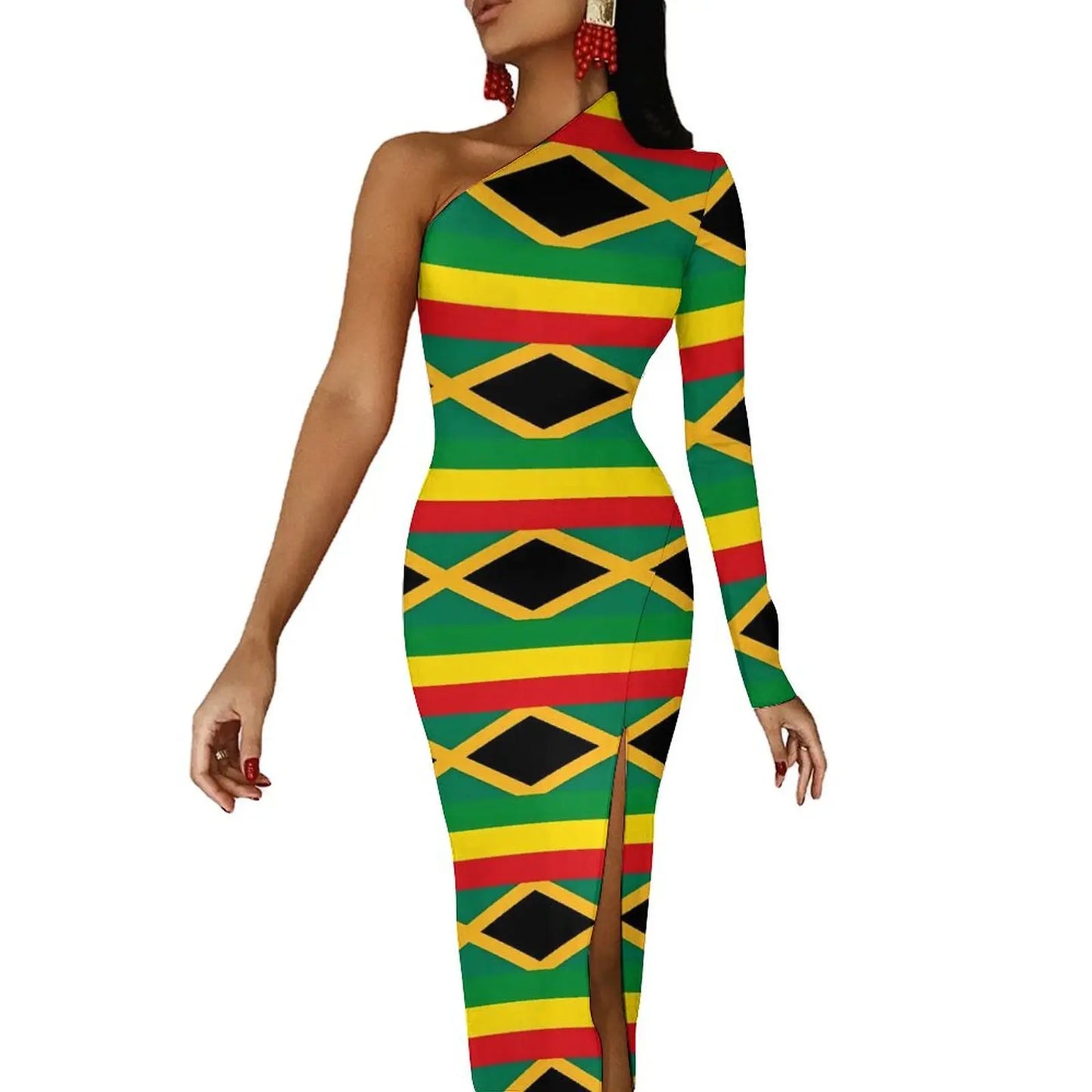 Jamaica Flag Colors Striped/Geometric/Camoflauge High Side Slit One Sleeve Streetwear Bodycon Maxi Dress