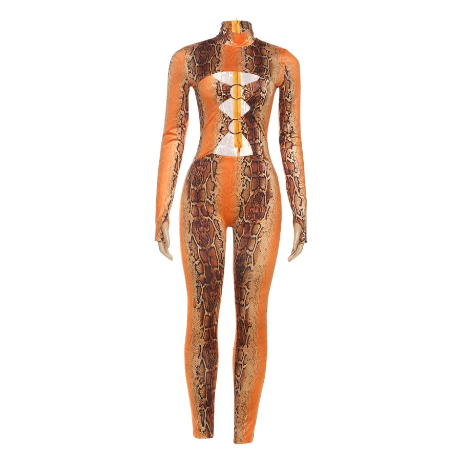 Serpentine Snake Print Hollow-Out Ring Design 1/2 Turtleneck Long Sleeve Skin Tight Women's Jumpsuit
