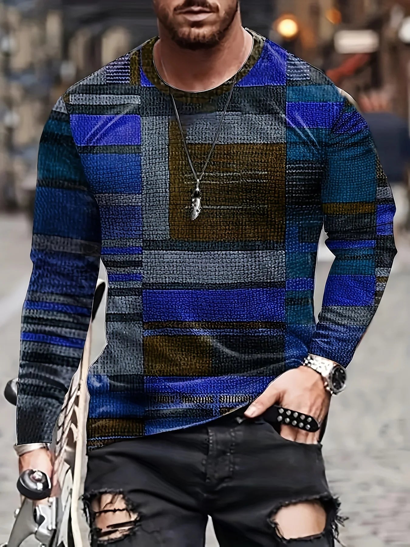 Men's Irregular Colorblock Plaid Pattern O-Neck Long Sleeve Pullover T-Shirts