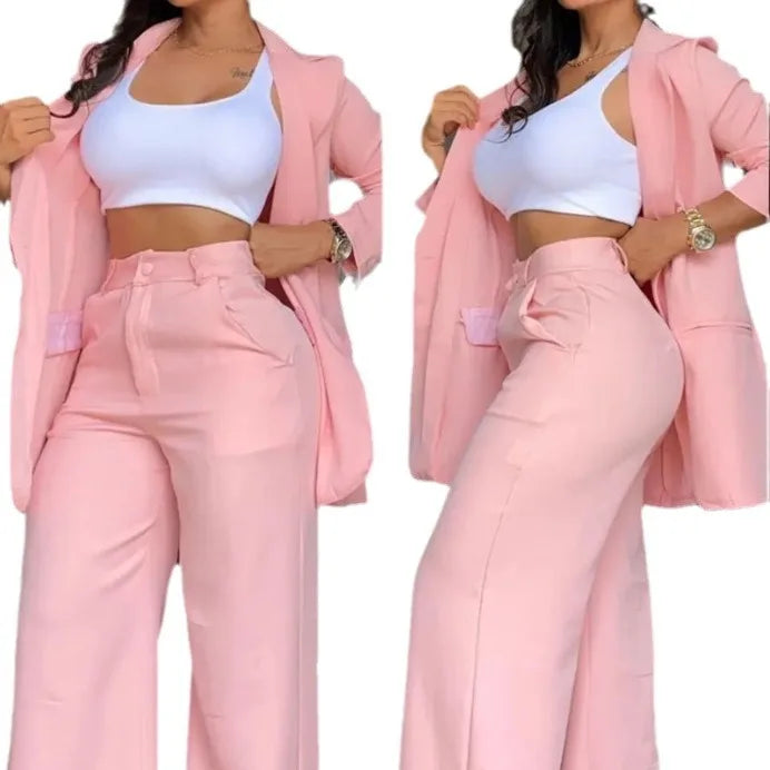 Solid Color Women's Notched Collar Blazer Jacket & Pocket Design Pants Office Commuter Suit