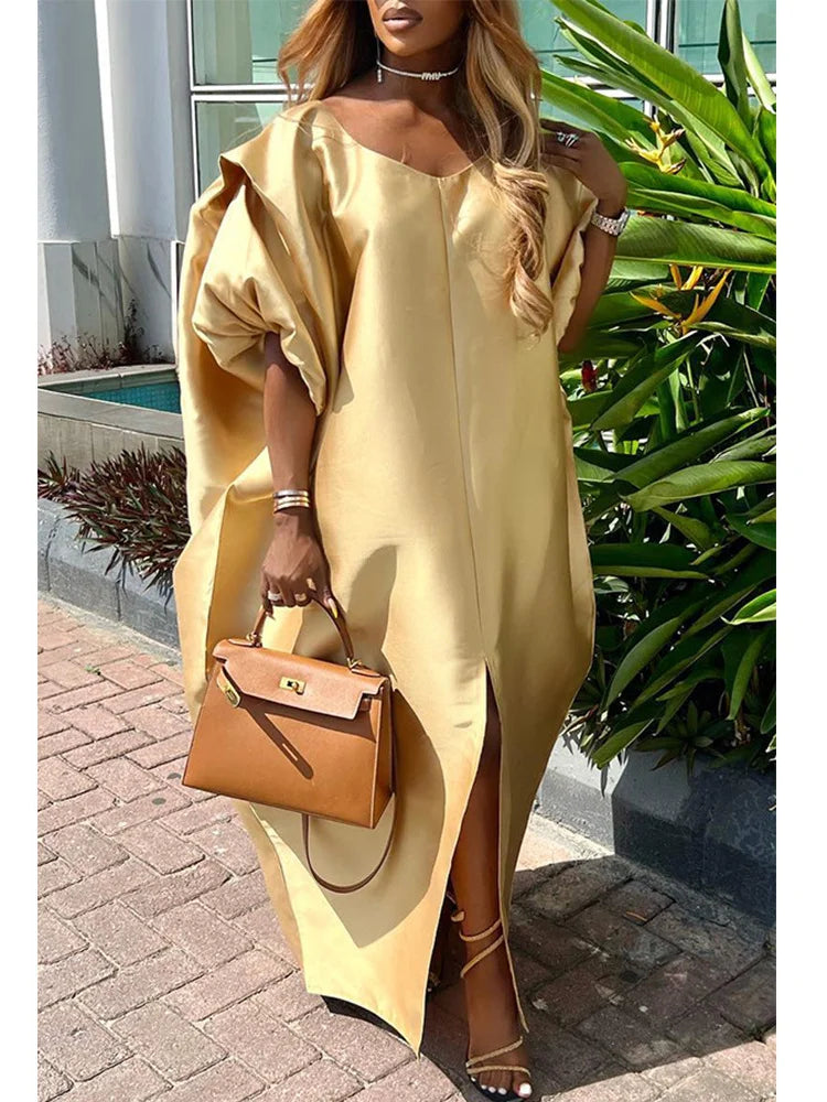 Gold Satin Oversized Solid Loose Maxi Dress