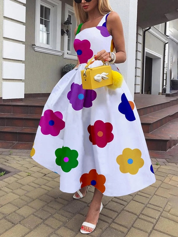 Floral Printed Square Neck Big Swing Evening Midi Dress