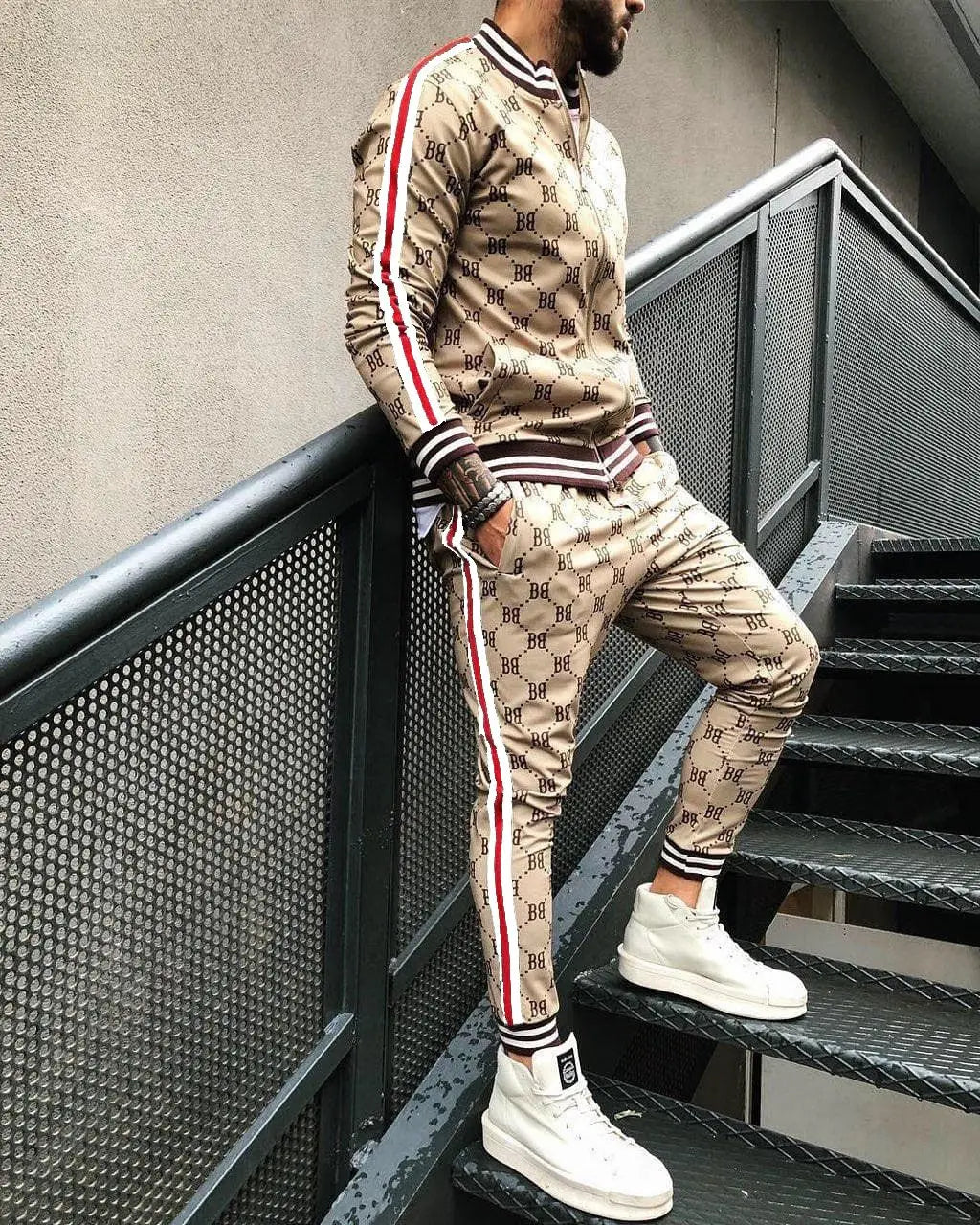 Velvet Monogram Side Striped Print O-Neck Sweat Jacket + Sweatpants Tracksuit