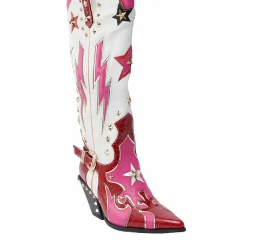 White/Pink/Burgundy Leather Western Women's Pointed Toe Metallic Star Lightning Bolt Stud Design Block Heel Knee High Cowgirl Rodeo Boots