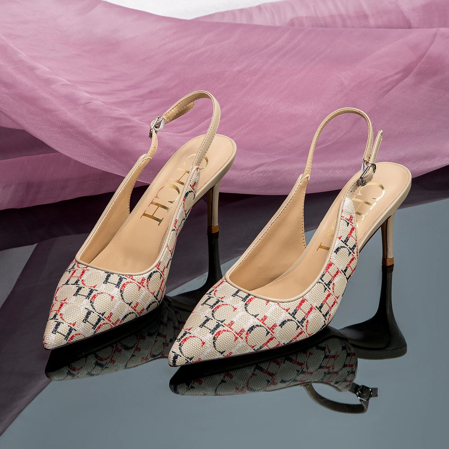 Monogram Letter Print Women's Slingback Buckle Strap Pumps