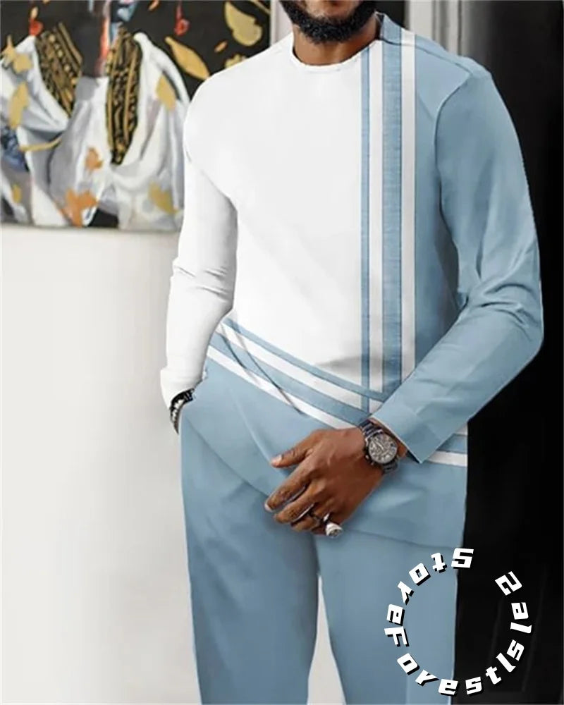 Men's O-Neck Colorblock Striped/African Print Long Sleeve Dress Shirt + Pants 2-Piece Suit to 4X Big & Tall