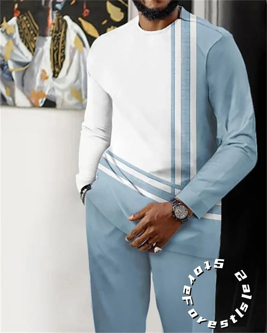 Men's O-Neck Colorblock Striped/African Print Long Sleeve Dress Shirt + Pants 2-Piece Suit to 4X Big & Tall