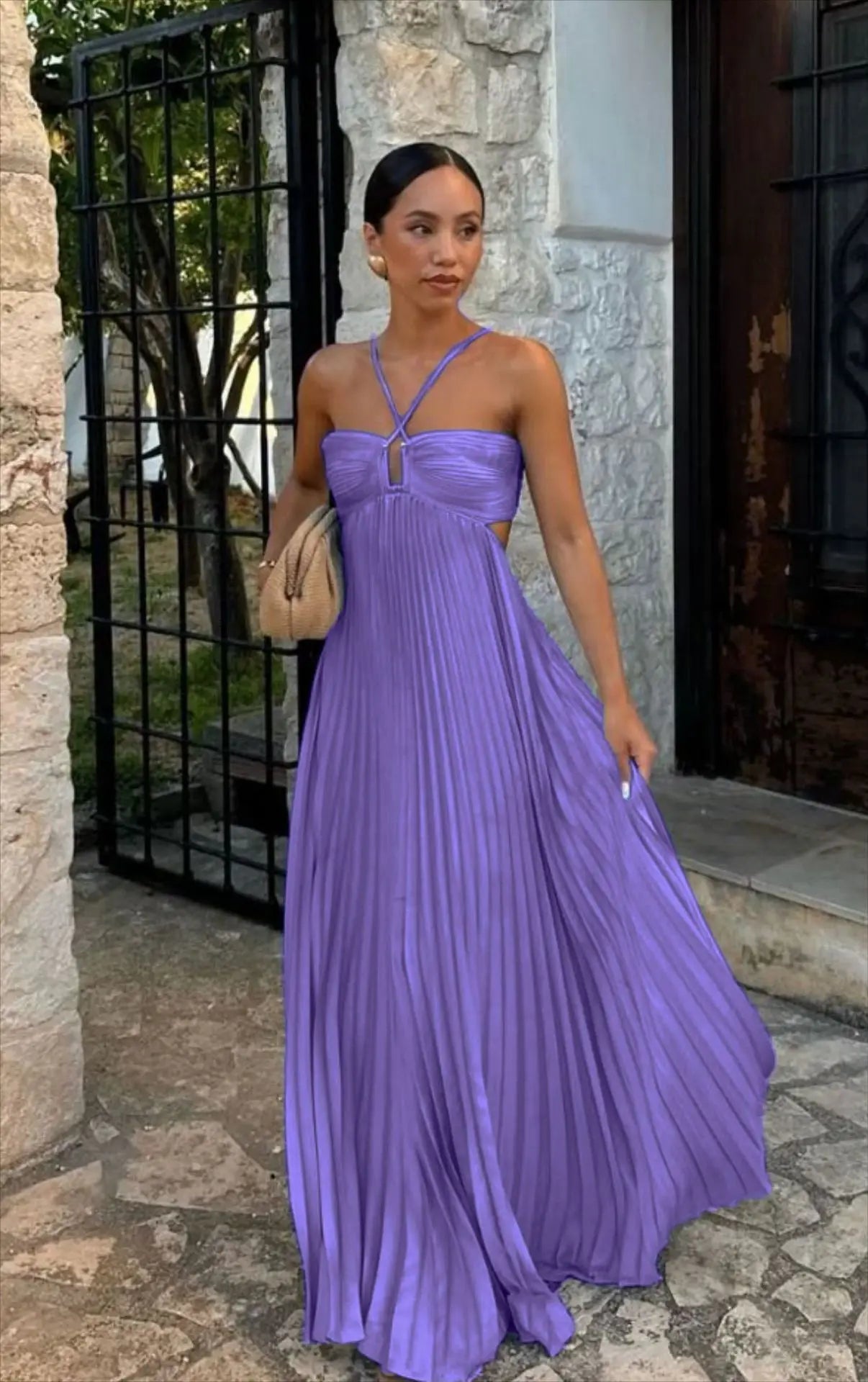 Pleated Halter Spaghetti Strap Backless Sleeveless Beach Maxi Dress