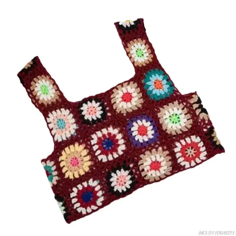 Crochet Multi-Colored Square Flower Design Knitted Square Neck Women's Sleeveless Cropped Tank Top