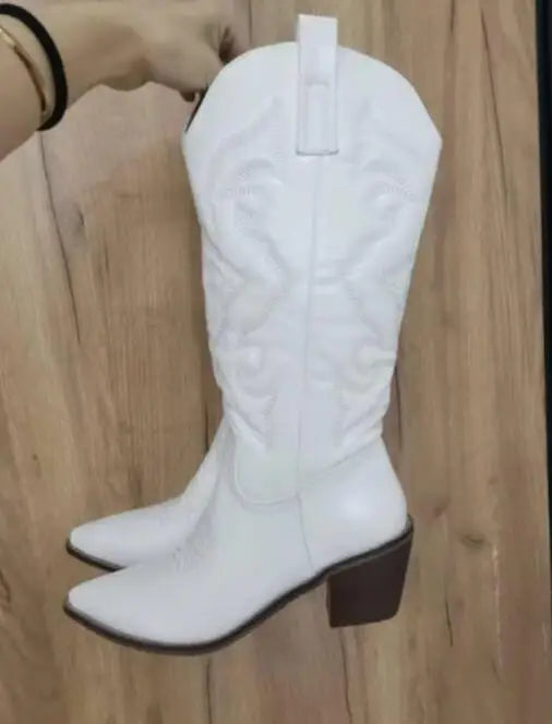 Western Embroidered Pointed Toe Side Zipper Stacked Heel Cowgirl Boots