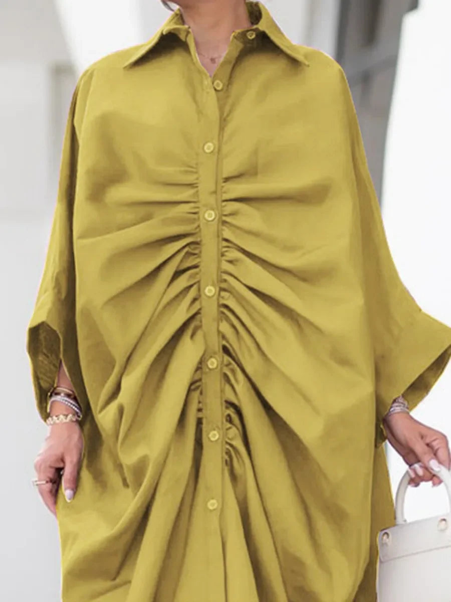 Oversized Ruched Gathered Long Sleeve Turn-Down Collar Button-Up High Street Maxi Shirt Dress