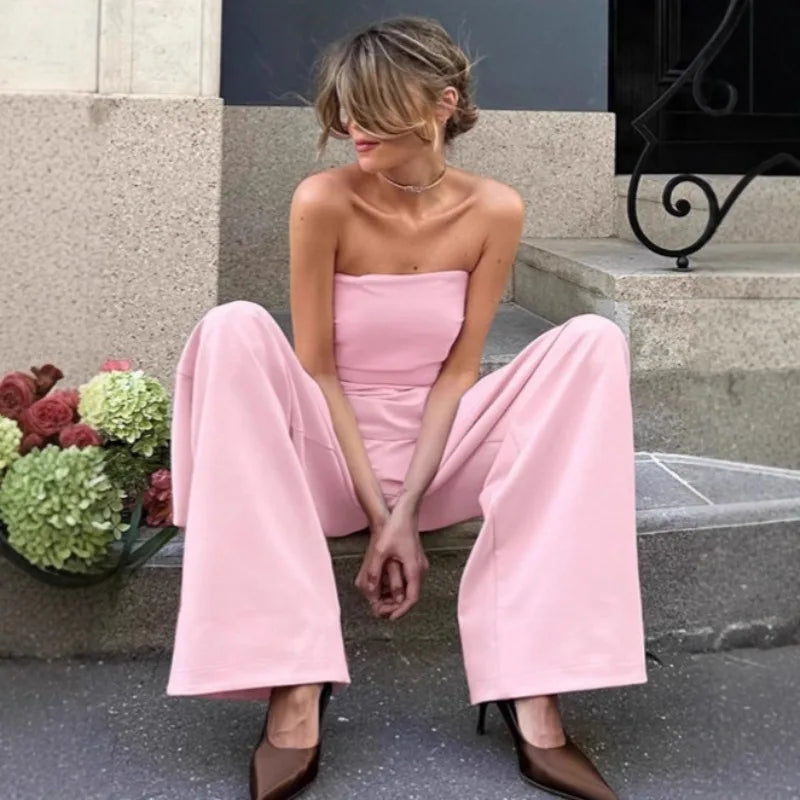 Pink Patchwork Streetwear Sleeveless Tube Top + Baggy Streetwear Pants Women's 2-Piece Set
