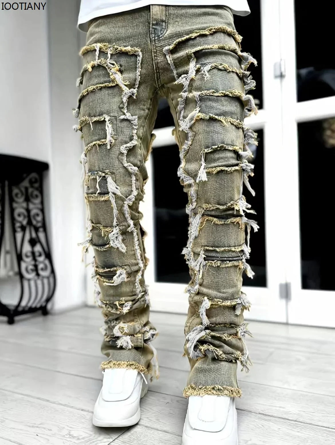 Men's Denim Fringe Ripped Hip-Hop Stretch Stacked Elastic Waist Straight Patchwork Jeans