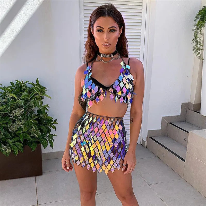 Metallic Sequined Geometric  Bikini Crop Top + Mini Skirt Handcrafted Party Women's 2-Piece Set