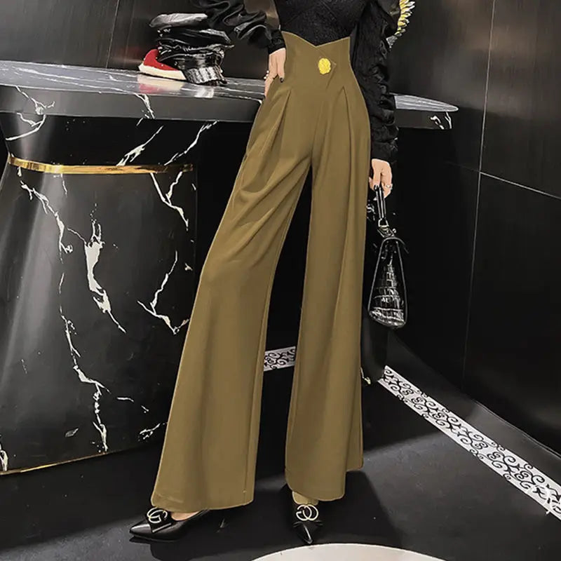 3D Decor Spliced Wide Leg Waist Ladies Pants