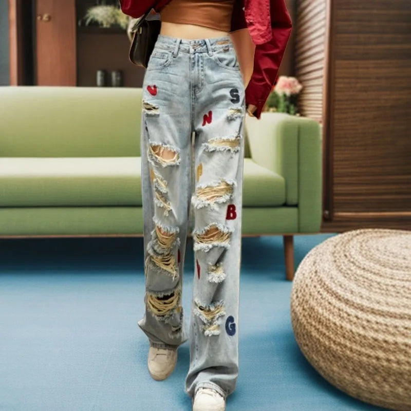 Denim Patch Varsity Style Embroidered Ripped Faded Washed Women's Hip-Hop Streetwear Jeans