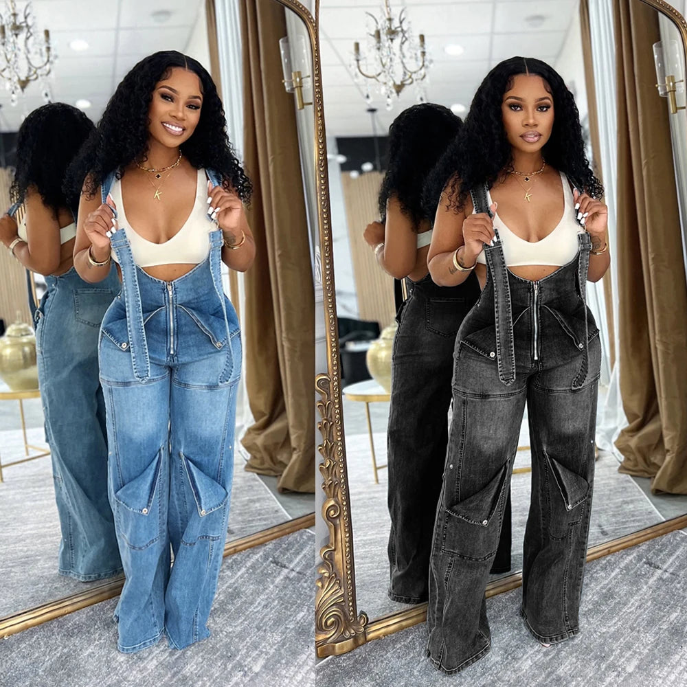 Denim Overall Design Women's Cargo Multi-Pocketed Wide Leg Jean Jumpsuit