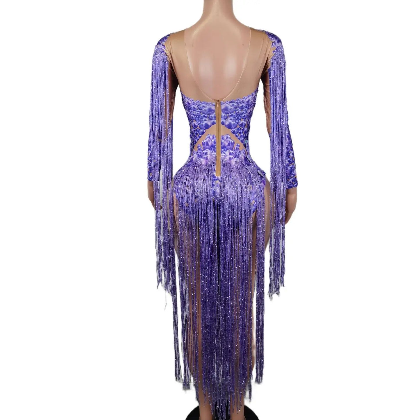 Purple Sequined Glitter Sparkling Fringe Tassel Detail Bodycon Shiny Formal Stage Performance/Dancer Bodysuit